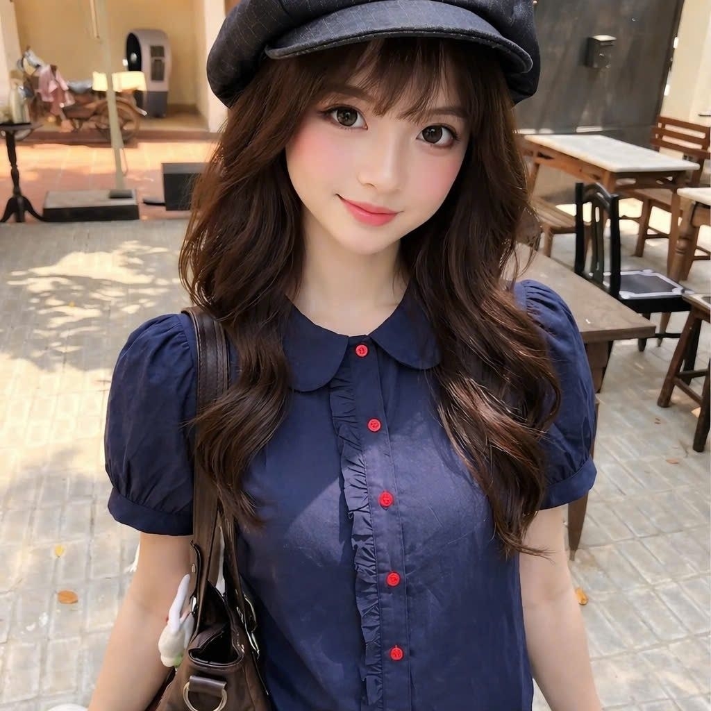 เสื้อเชิ้ต babydoll กระดุมสีแดงสวยมาก คอปกจับจีบและแขนพัฟ เสื้อเชิ้ตกระดุมสีแดงแห่งชาติ SBD92