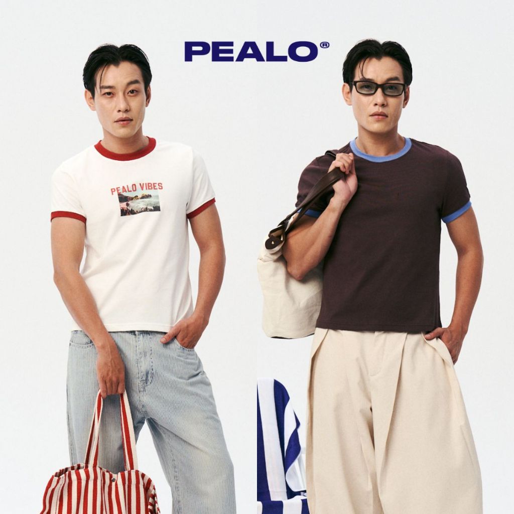 PEALO พิมพ์ ringer tee เสื้อยืดผู้ชายทรงครอปแบบเว้าหลัง น้ําหนักเบาและดูดซับเหงื่อ
