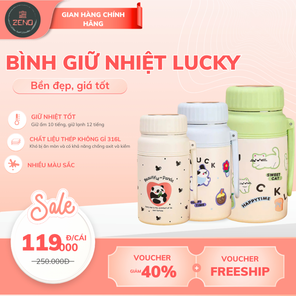 <FREE HEAT BAG>CUTE LUCKY WATER BOTTLE 1000ML - KEEPS HEAT 4-6H, SAFE 316 Stainless Steel