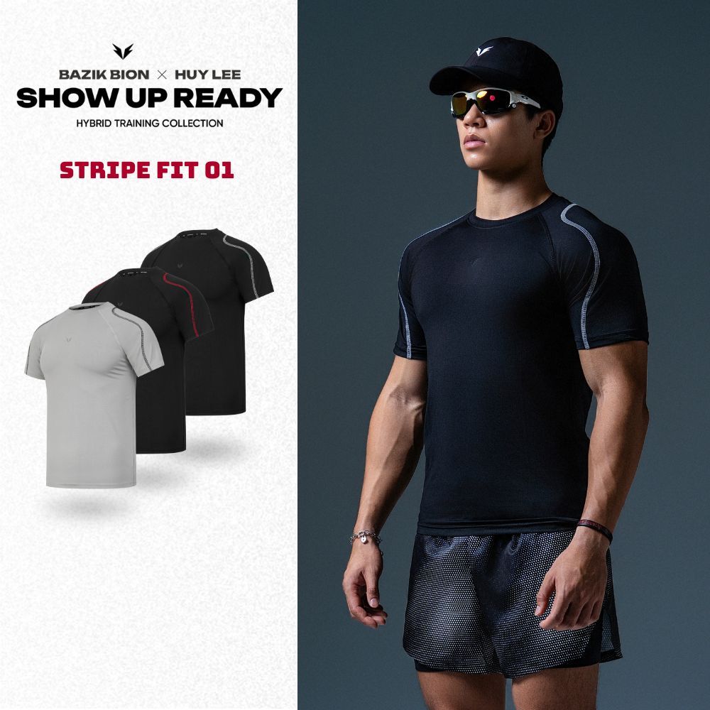 [HUYLEE] Bazik Bion Stripe Fit Workout Sports T-shirt 01 Bodyfit Form Shoulder Mix, 4-Way Stretch - 