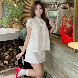 (HAVANA) - Set bộ babydoll 2 lớp tay bồng thắt nơ phối chân váy ren SAT424