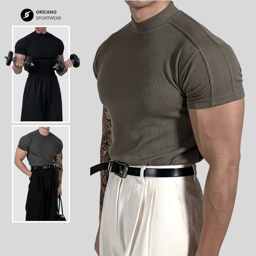 ORICANO คุณภาพสูง 3 นิ้วคอปกสูงผู้ชายกีฬาเสื้อแขนสั้นผ้ายืด Ribbed X4 Body-Shaped รูปแบบผสมและ Match