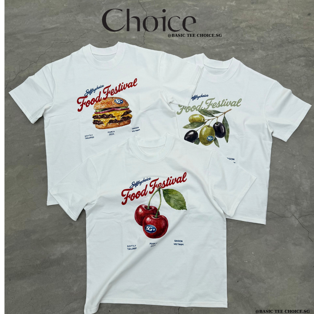 [ BOXY FORM ] เสื้อยืด BOXY DTG Print + ผ้าไหมนูนพิมพ์รอบคอ 100% Cotton "SG FOOD SOCIETY -Top "