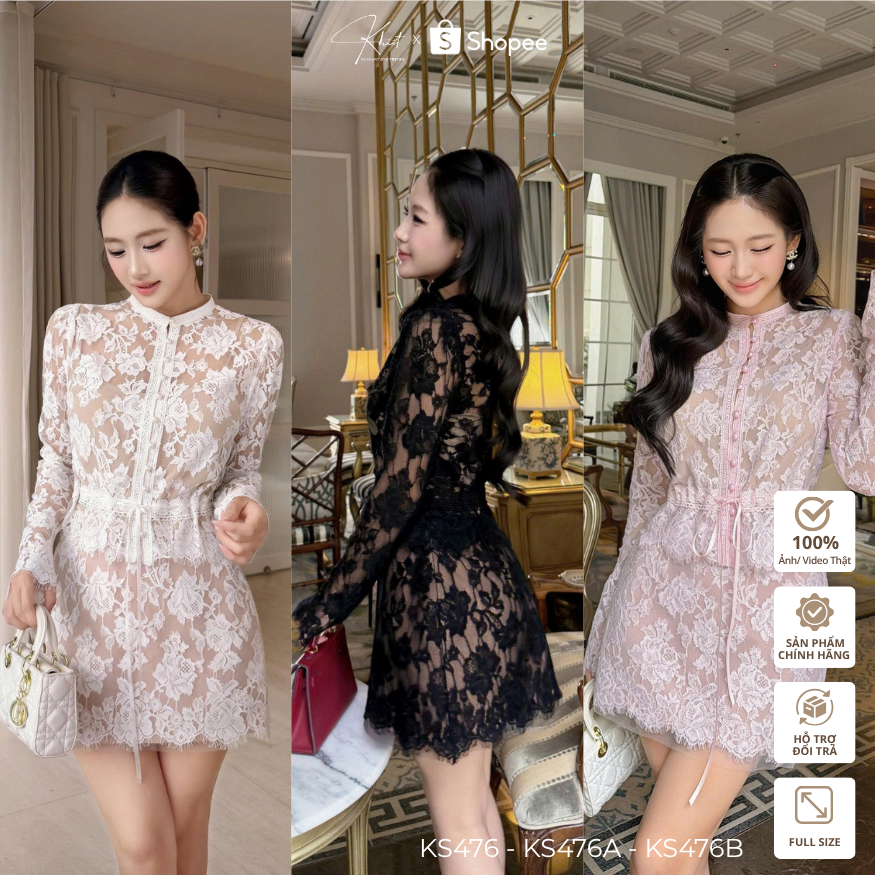 Khiet Style เสื้อลูกไม้ลายดอกไม้สีขาวกระดุมมุกผสมผสานกับกระโปรงสั้นสไตล์หรูหรา KS476 KS476A KS476B