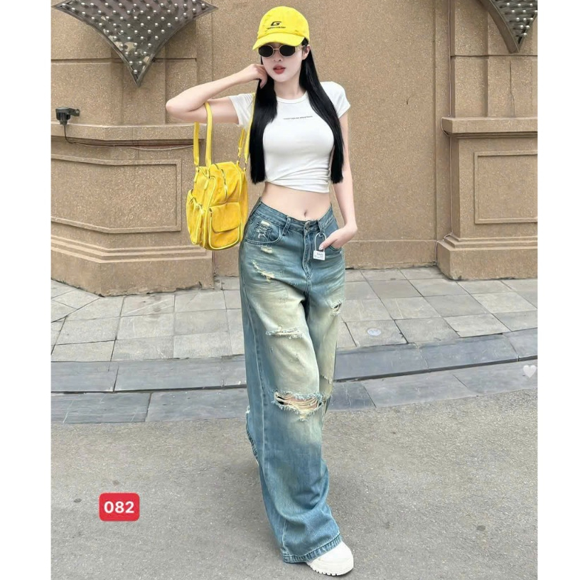 กางเกงเบกี้สีน้ําเงินสําหรับผู้หญิงสไตล์วัยรุ่นเอวสูงขาด SOLO-SHOP MS082