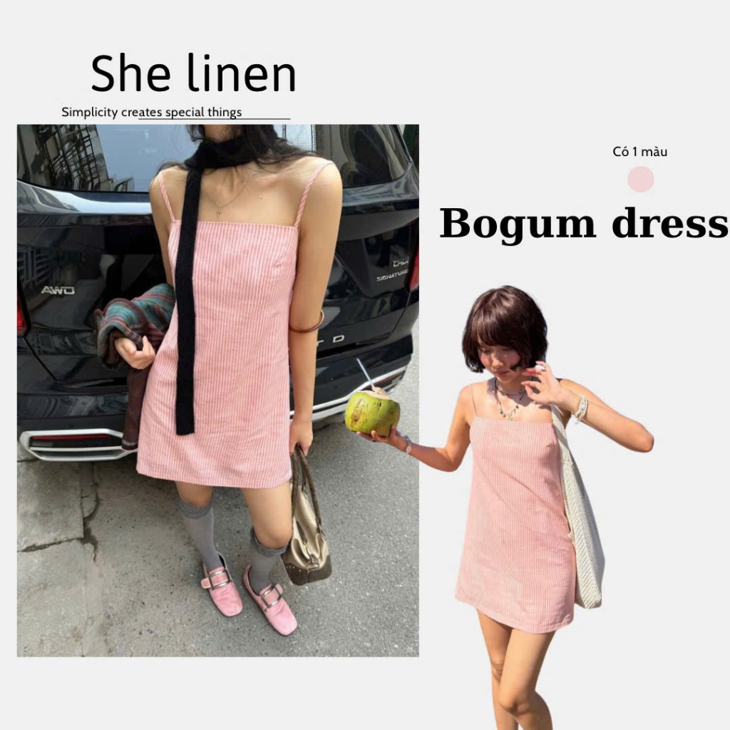 BOGUM DRESS - ชุดเดรส 2 สายลินินคัทเอาท์ - บรรยากาศท่องเที่ยวฤดูร้อนมาตรฐาน