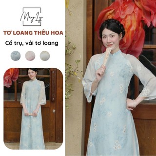 Áo Dài Tơ Loang Thêu Hoa 4 Tà Cổ Vuông 2 Phân Form Dáng Suông Cách Tân - ÁO DÀI MÂY LY