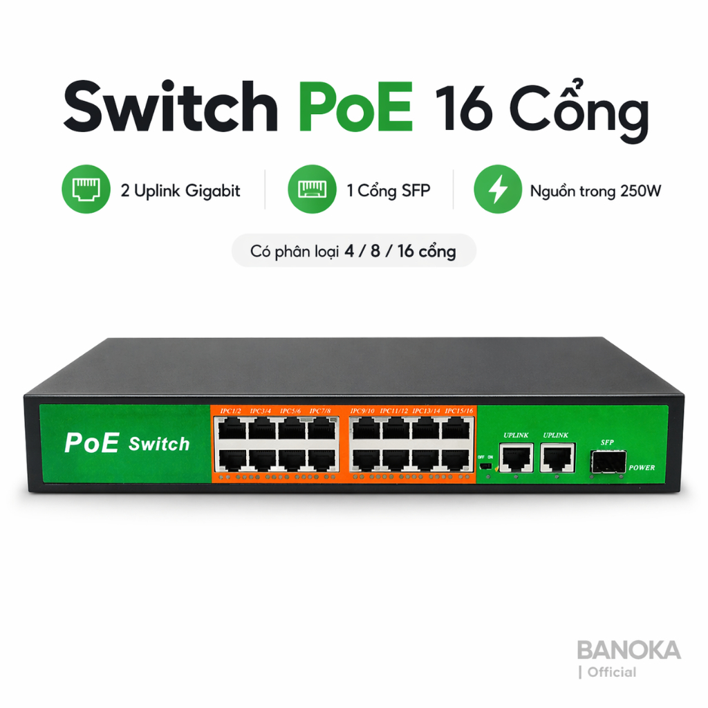 PoE Switch 16 พอร์ต 10/100 + 2 Uplink Gigabit + 1 SFP Global 1019G ไฟภายใน 250W