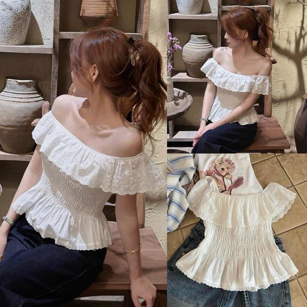 เสื้อถักโครเชต์ปิดไหล่ผ้าลูกไม้ดิบสวยสลิมฟิต HA401 - ผู้หญิง - เสื้อเชิ้ต [AN TAY STORE68]