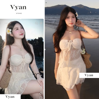 Set váy trắng ren đi biển 2026, set áo tube mix cùng chân váy ngắn thắt nơ siêu xinh [Sẵn ship]