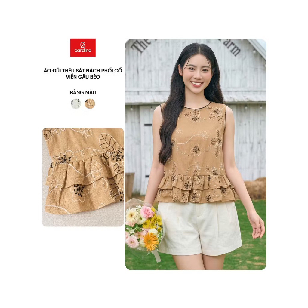 6AKS05 CARDINA เสื้อเชิ้ตผู้หญิงวัสดุแขนกุดปักลายคอระบาย