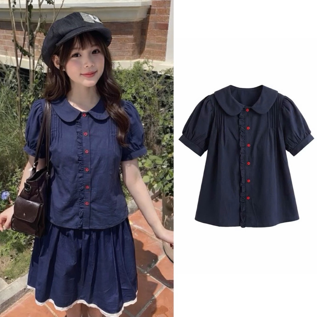 เสื้อเชิ้ตสไตล์ เบบี้ดอลล์ คอปกจับจีบและแขนพัฟกระดุมสีแดง เสื้อประจําชาติ LUMI BOUTIQUE SBD92