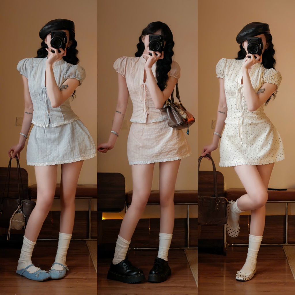 เสื้อคอวี เซตชายลูกไม้และกระโปรงทรงเอ Hh119 HaLuu Store