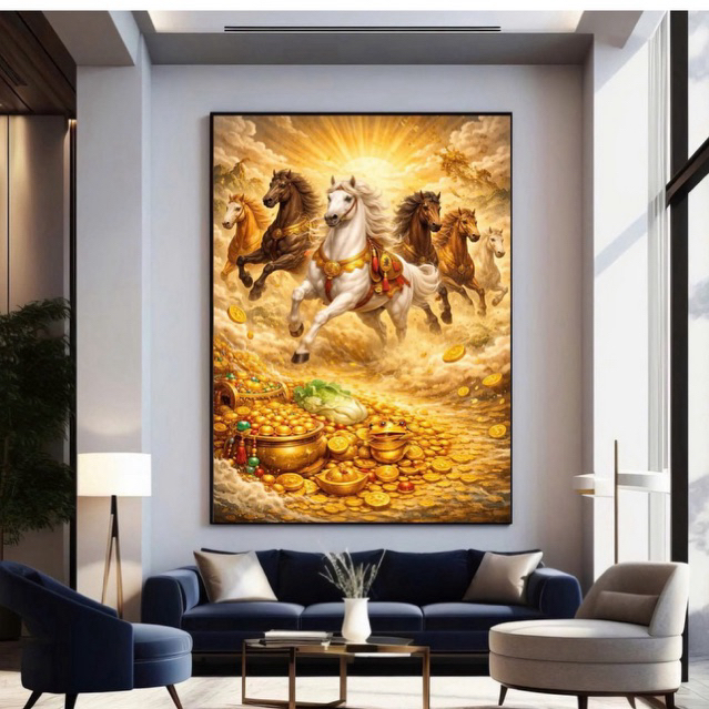Artistic Golden Horse Wall Painting NV1 – ตกแต่งอวกาศสมัยใหม่ – ผ้าใบ/กระจก – พร้อมกรอบ - รวมเล็บแบบ