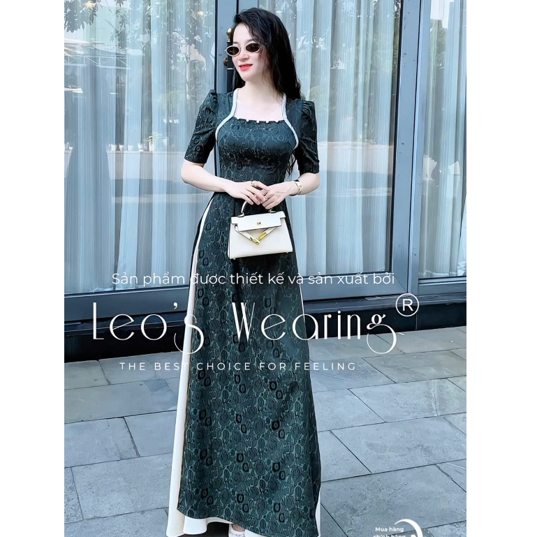 DB252 LEOSWEARING ผ้าไหมโบรเคดผิว 2 ใบ ao dai คอเหลี่ยมและมุก แขนสั้นสีน้ําเงิน และกางเกงผ้าไหมครีม