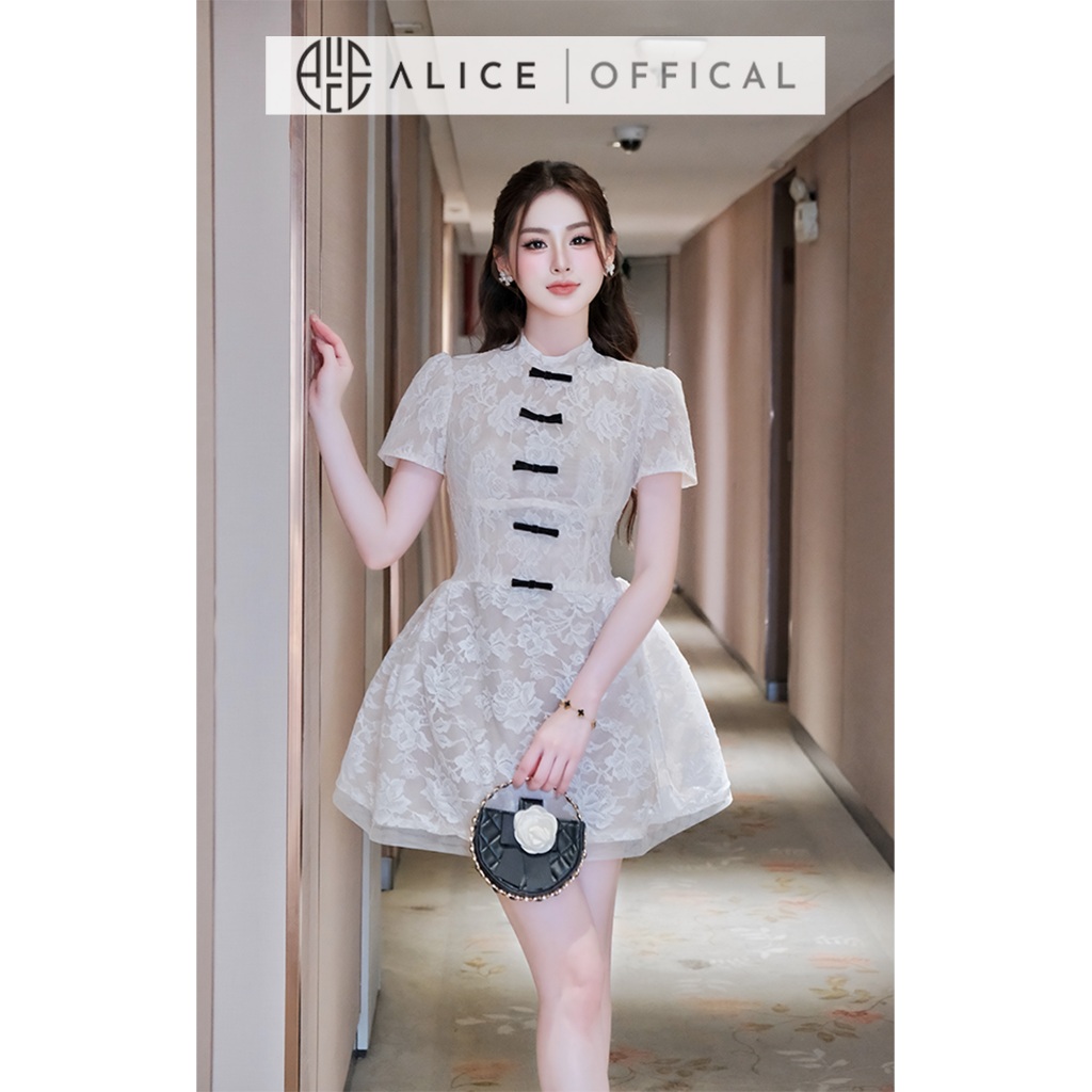 อลิซหรูหราลูกไม้พรรคชุด,เอวตาข่ายสั้นชุดกับโบว์แฮนด์เมด,แขนสั้นคอเต่า โวลต์1468