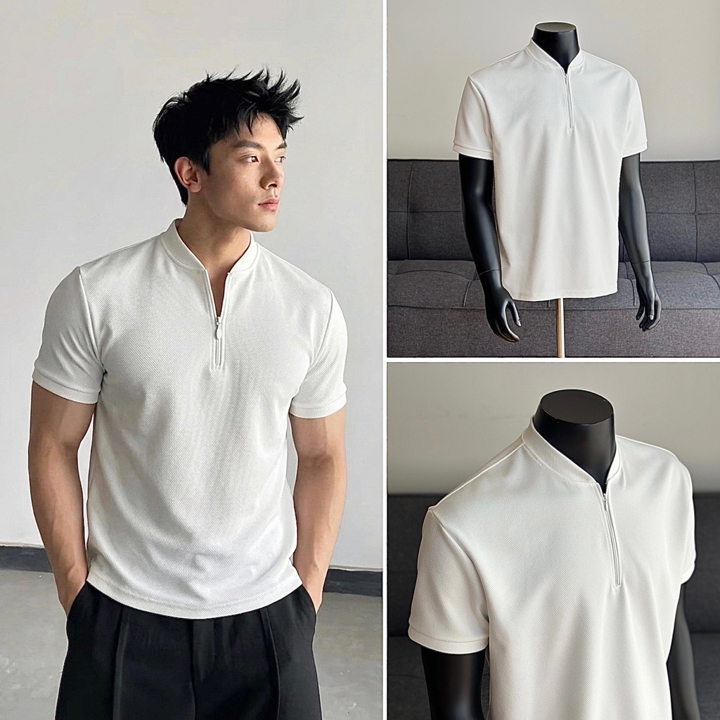 LUMINOS LOGAN Polo Fabric Zip Collar T-Shirt - Cleanfit Form - Type 1 Diagonal Ribbed Fabric 260GSM 