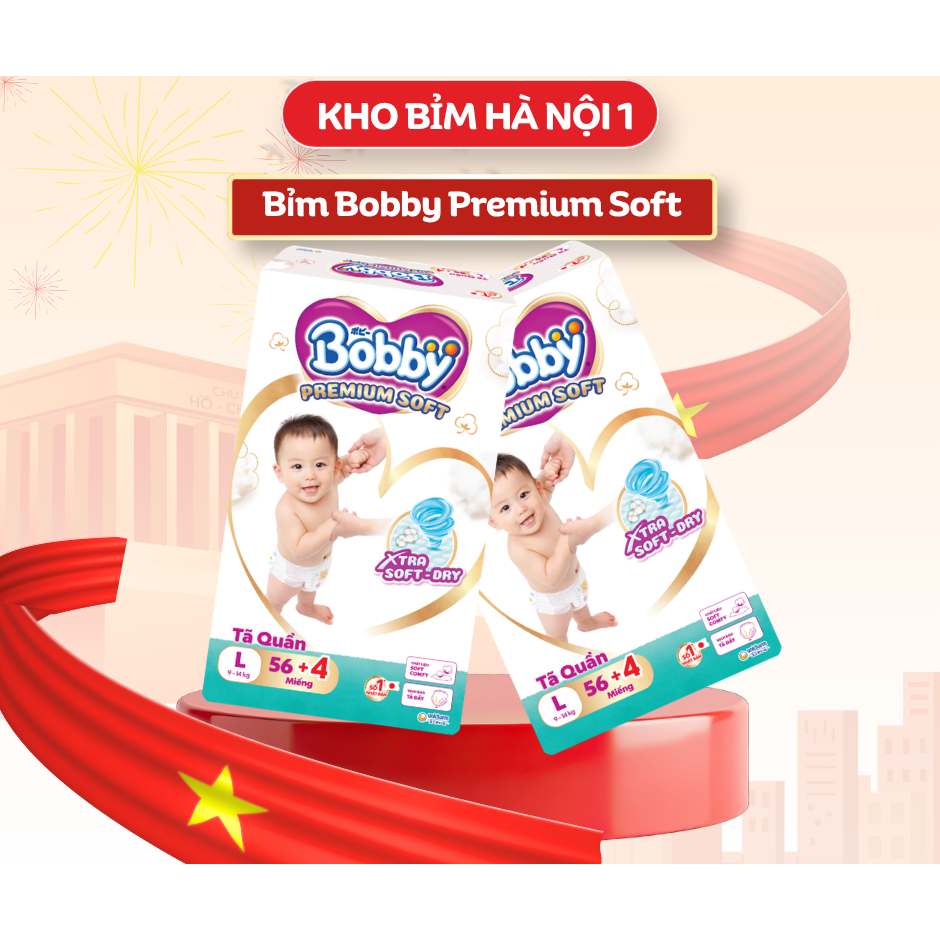 BOBBY PREMIUM SOFT PREMIUM กางเกงผ้าอ้อม super SOFT M64/L56/XL52/XXL48 plus 4 ชิ้น