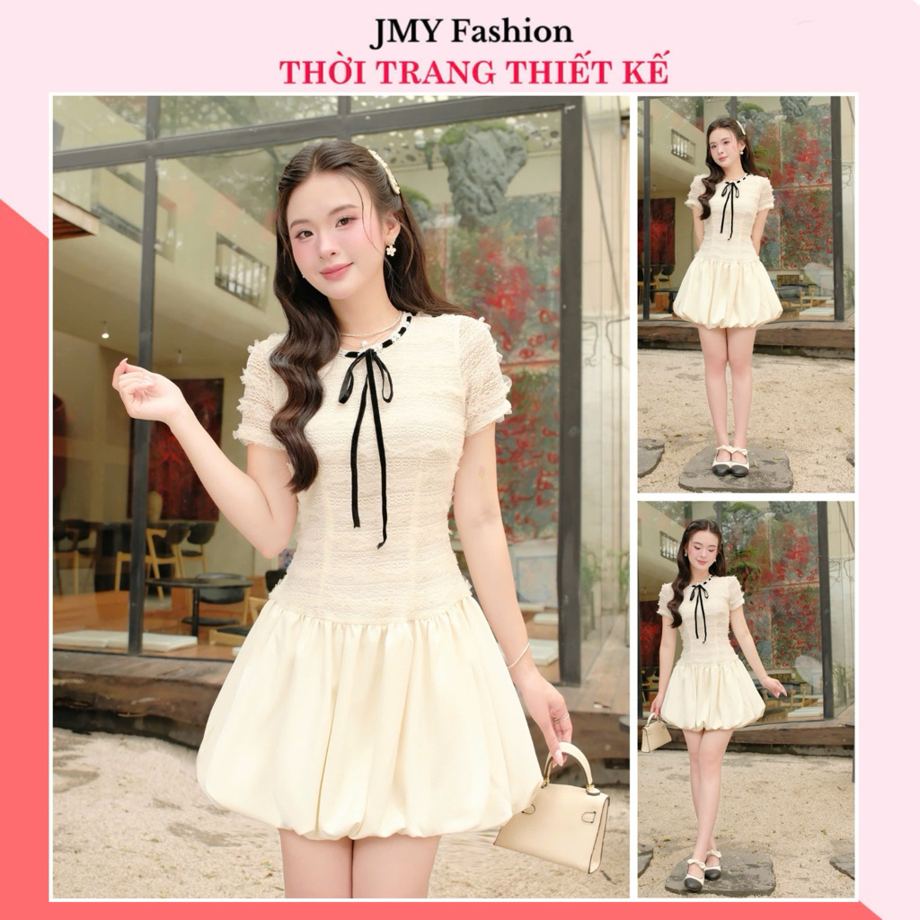 (FIRE) V872 เดรสบานฟักทองลูกไม้ครีมคอปกโบว์ผู้หญิง [TH HA LE]