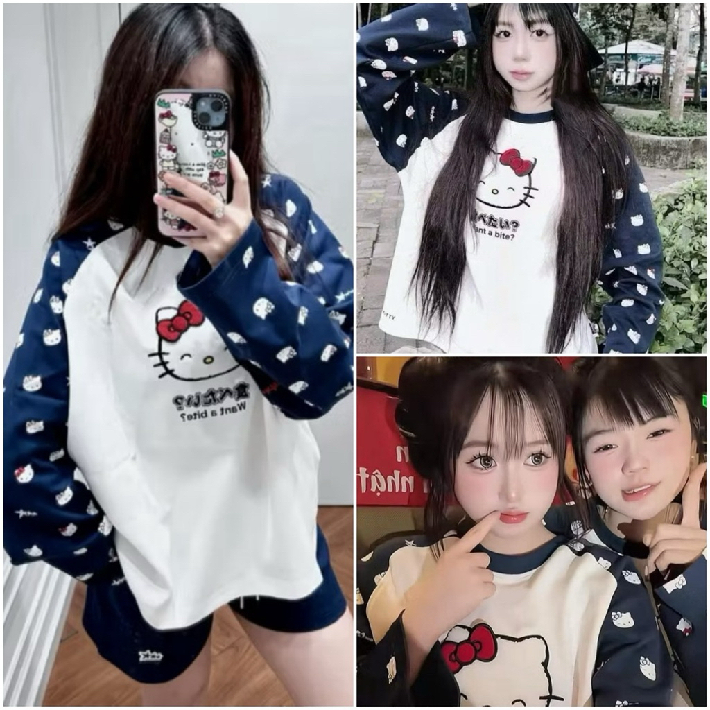 เสื้อยืดแขนยาวปักแมวโมติฟและแขนเสื้อสุดฮอตสไตล์ยาวปานกลางแบบไดนามิก