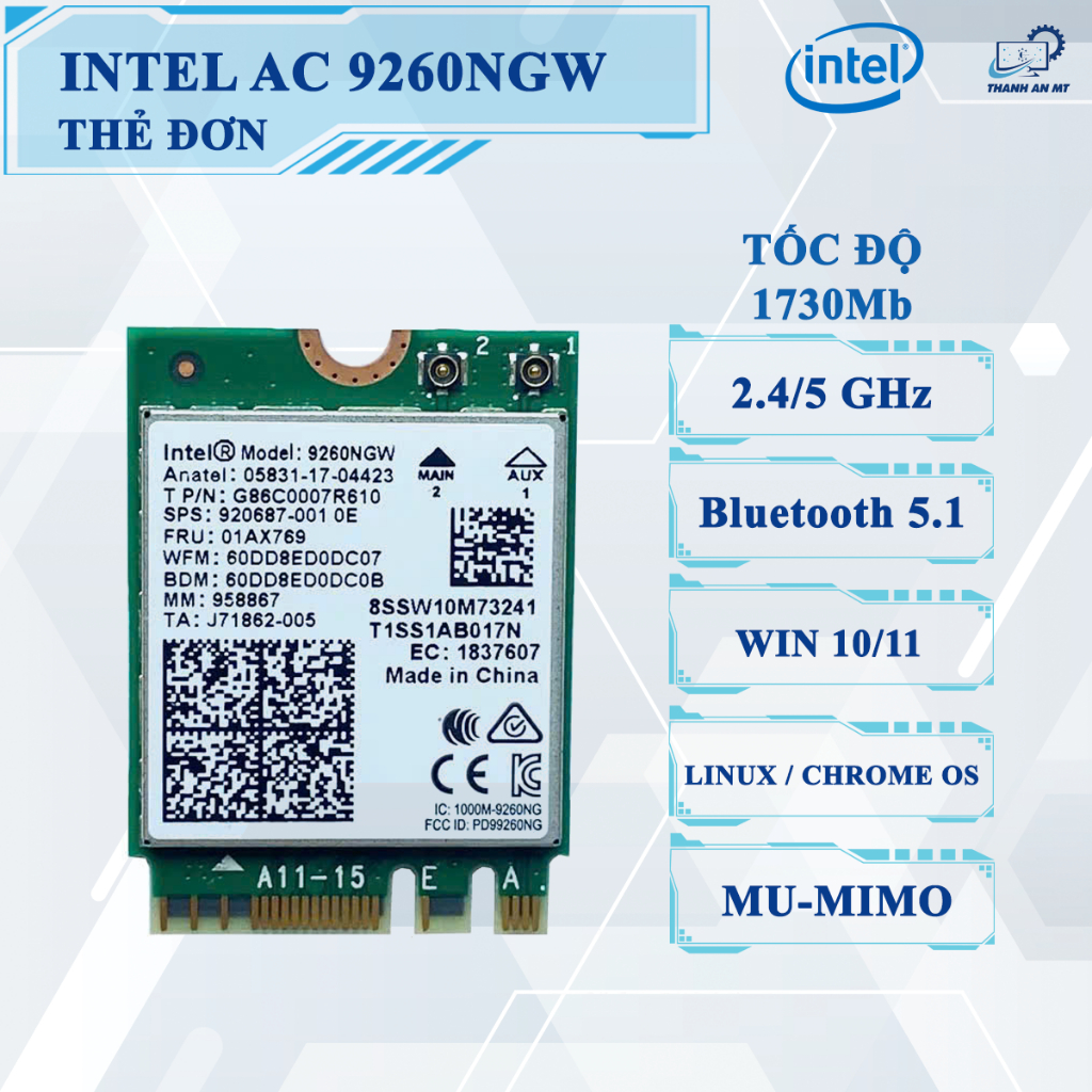 INTEL AC 9260 WIFI CARD – WIFI 5 ความเร็วสูง 1.73Gbps 5GHz Bluetooth 5.1 สําหรับแล็ปท็อปพีซี