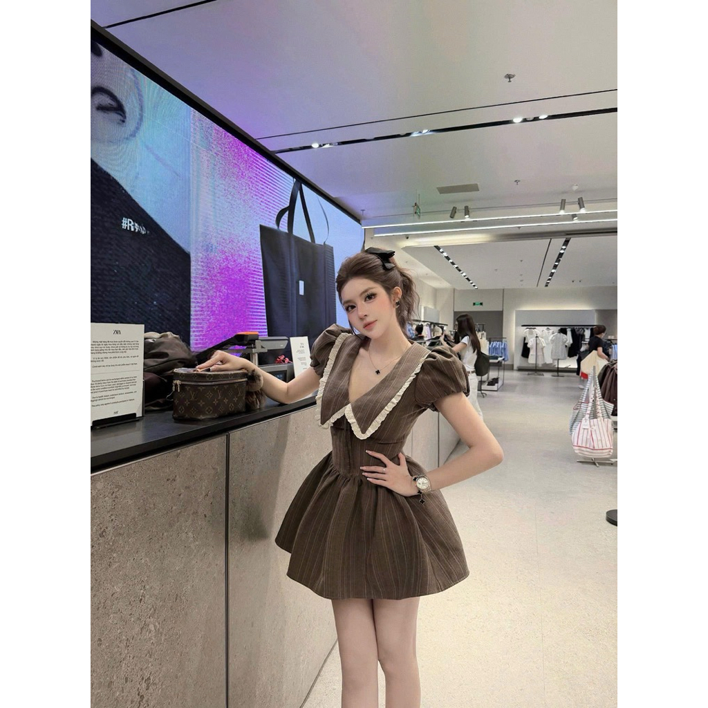 •Kingshopbeauty•MPB กระโปรงลายสก๊อตสีน้ําตาลคอปกเปิดลง