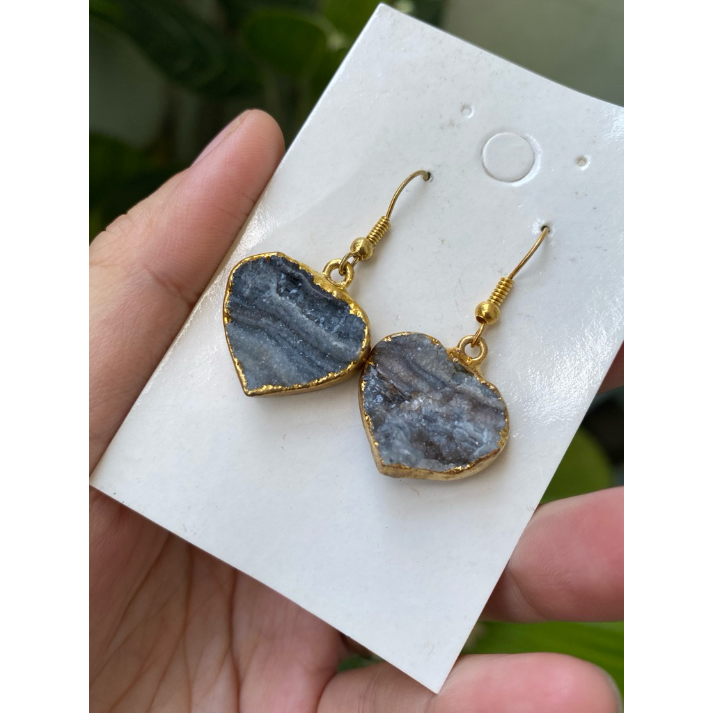 SA [EARRINGS] ต่างหูหัวใจ Chalcedony Agate Druzy ธรรมชาติ 2 ซม.