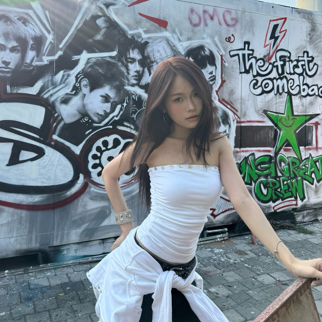 Tiemmem Rib Shrug Top - ขาว/ดํา/ชมพู