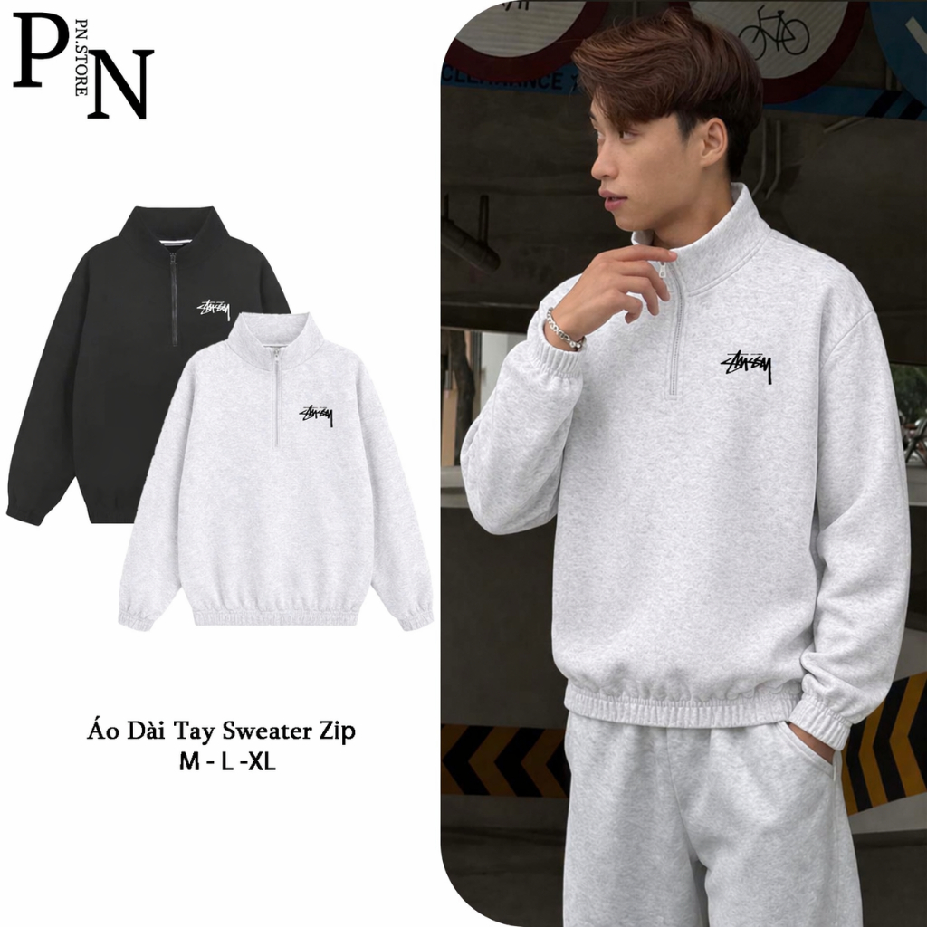 PN STORE เสื้อกันหนาวคอปกซิปผ้าฟลีซผิว 2 ผิวพร้อมปกหลวม Unisex