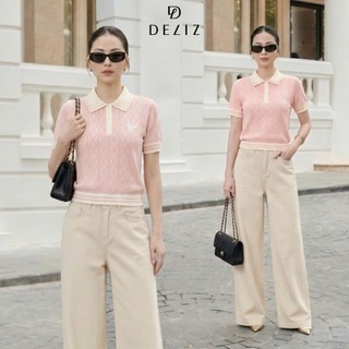DELIZ - Áo len ngắn tay dệt kim chất len lông thỏ cổ polo mùa hè cho nữ công sở PL22