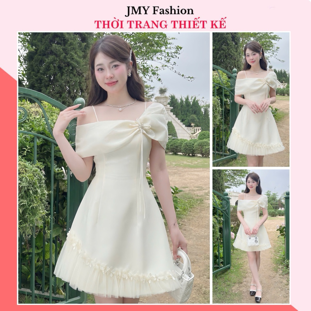 (FIRE) V862 ชุดเดรสสีครีมรูปตัว S เปิดไหล่ออกแบบมาสําหรับปาร์ตี้สุภาพสตรี [TH HA LE]