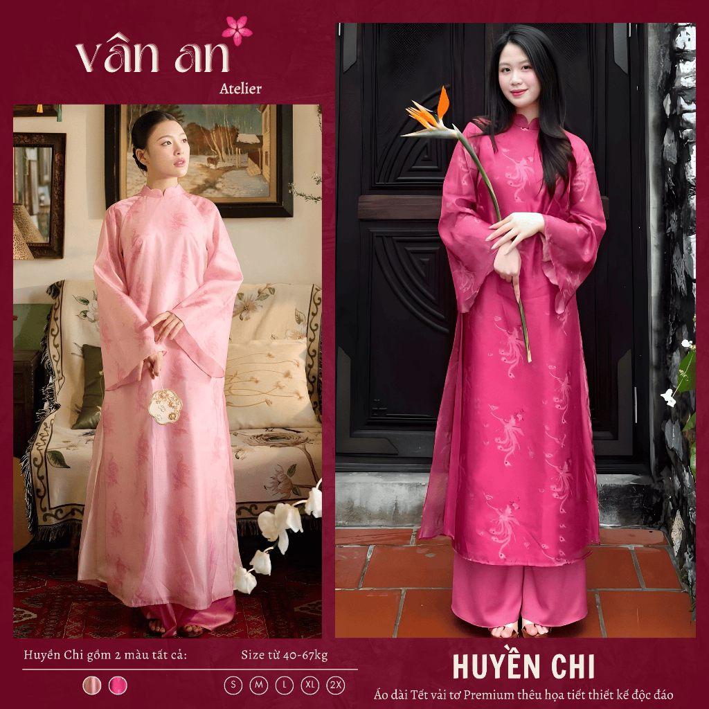 [VAN AN - READY STOCK] HUYEN CHI Ao Dai - ทรงตรงแขนยาว - วัสดุผ้าไหมพิมพ์ลายนกหรูหราและมีเสน่ห์