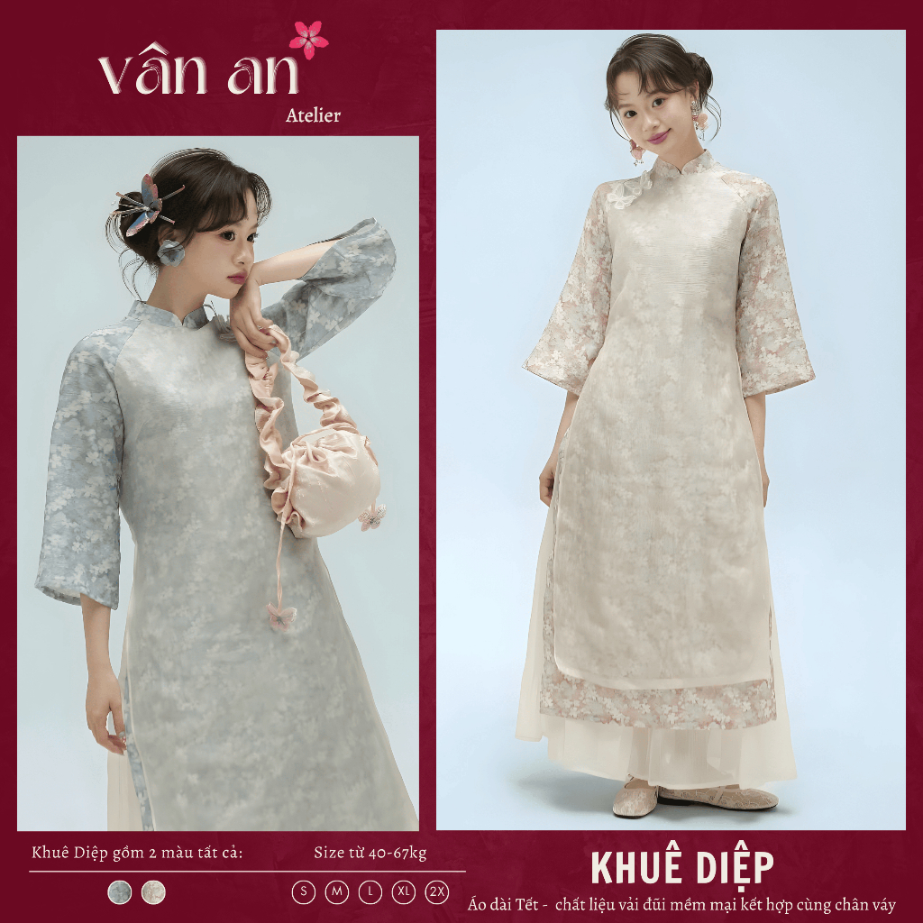 [VAN AN - READY STOCK] KHUE DIEP Ao Dai - ผสมผสานกับกระโปรง - ทรงตรง ดีไซน์ 4 Hem - วัสดุผ้าไหมคุณภา