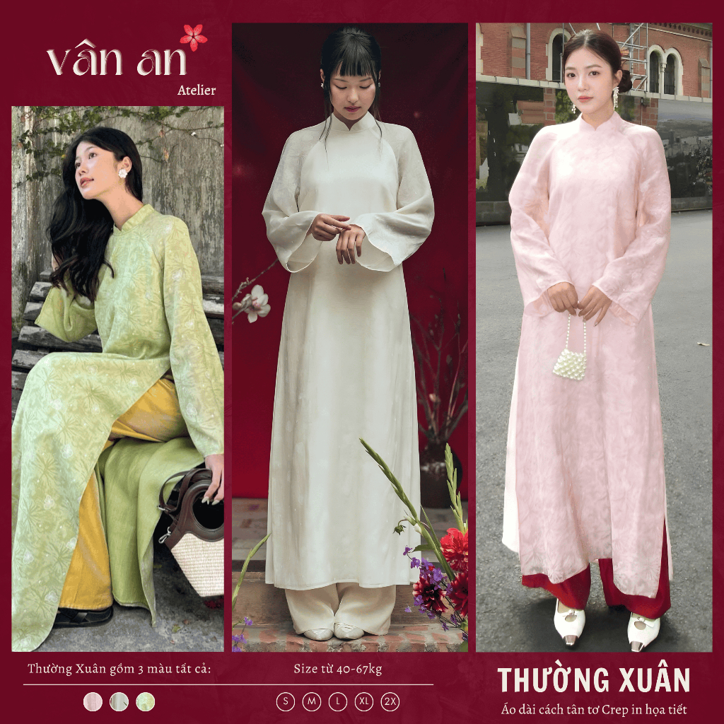 [VAN AN - READY STOCK] REGULAR XUAN Ao Dai - ดีไซน์ 4 แขน, วัสดุผ้าไหม Crep พร้อมพิมพ์ลาย Sunken Gen