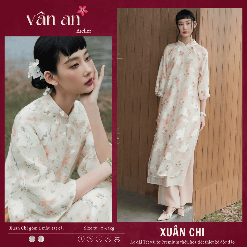 [VAN AN - READY STOCK] XUAN CHI Ao Dai - ตรงแขนสั้น - วัสดุผ้าไหมปักและพิมพ์ลายดอกไม้ 3D ที่อ่อนโยนม
