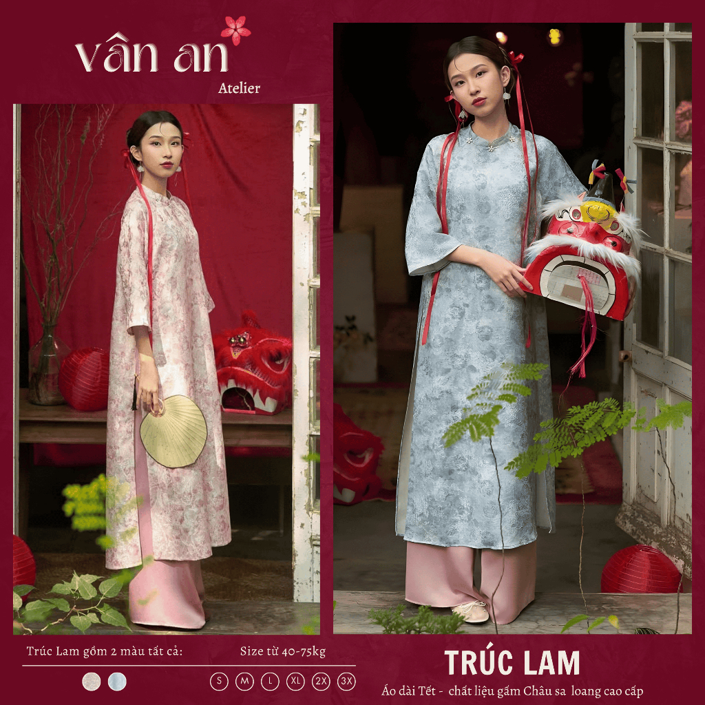 [VAN AN - READY STOCK] TRUC LAM Ao Dai - ตรง แขนสั้น - วัสดุโบรเคดลายนูน, เสน่ห์ดอกไม้บนปก