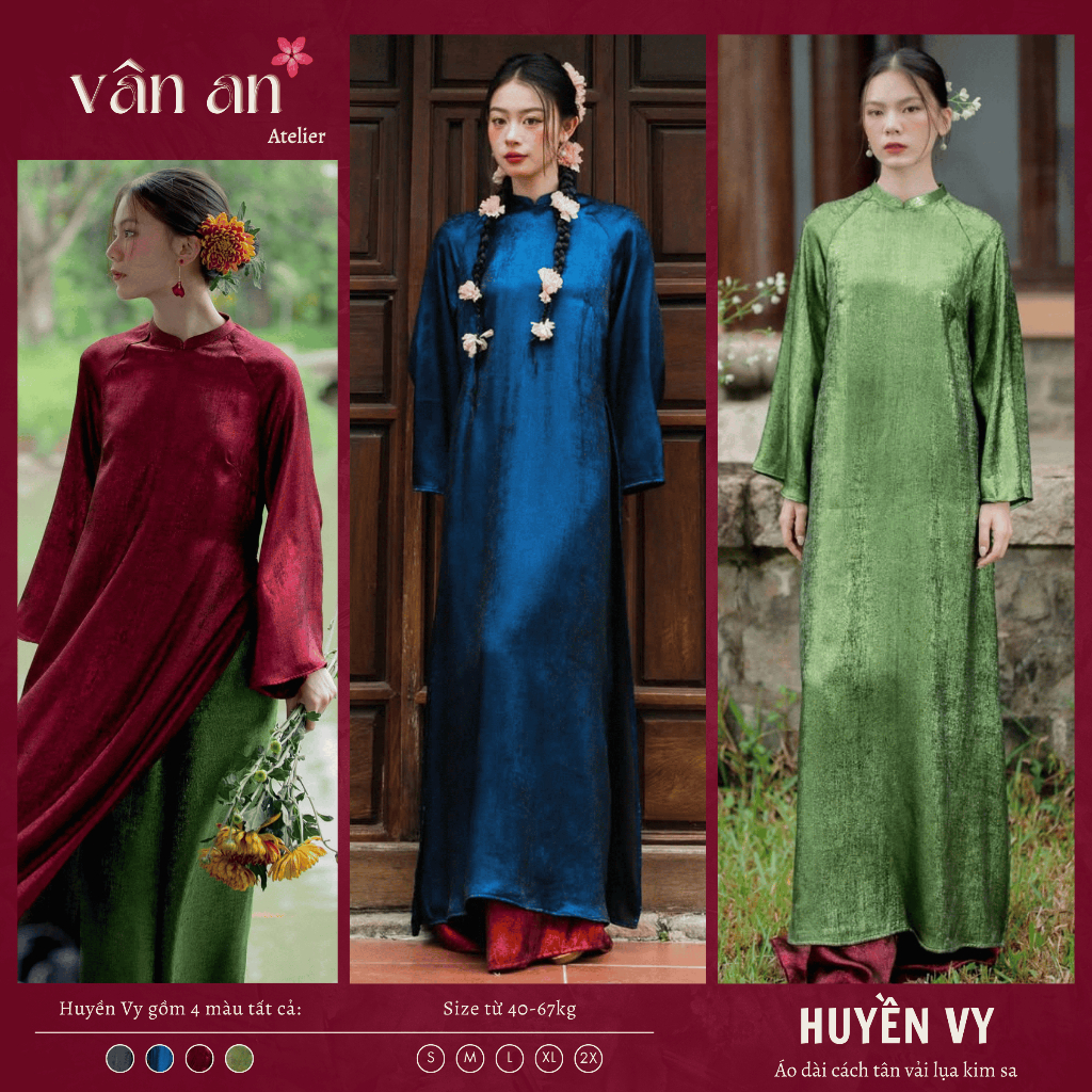 SA [VAN AN - READY STOCK] HUYEN VY Ao Dai - ขาตรงแขนยาว - เสื้อและกางเกงพร้อมกํามะหยี่ปักเลื่อมคุณภา