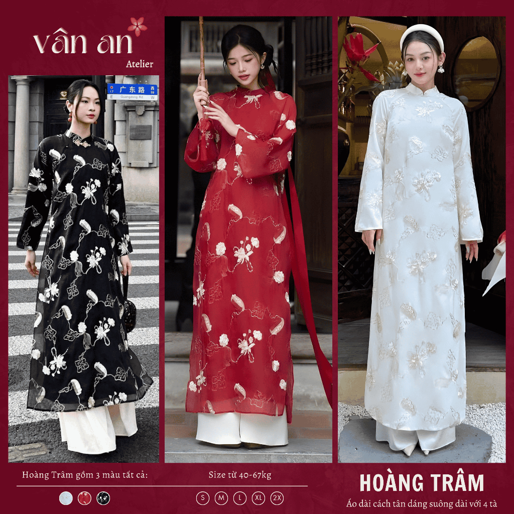 [VAN AN - READY STOCK] HOANG TRA Ao Dai - แขนยาว 4 Hems - วัสดุผ้าไหม Organza คุณภาพสูงปักลาย Purl