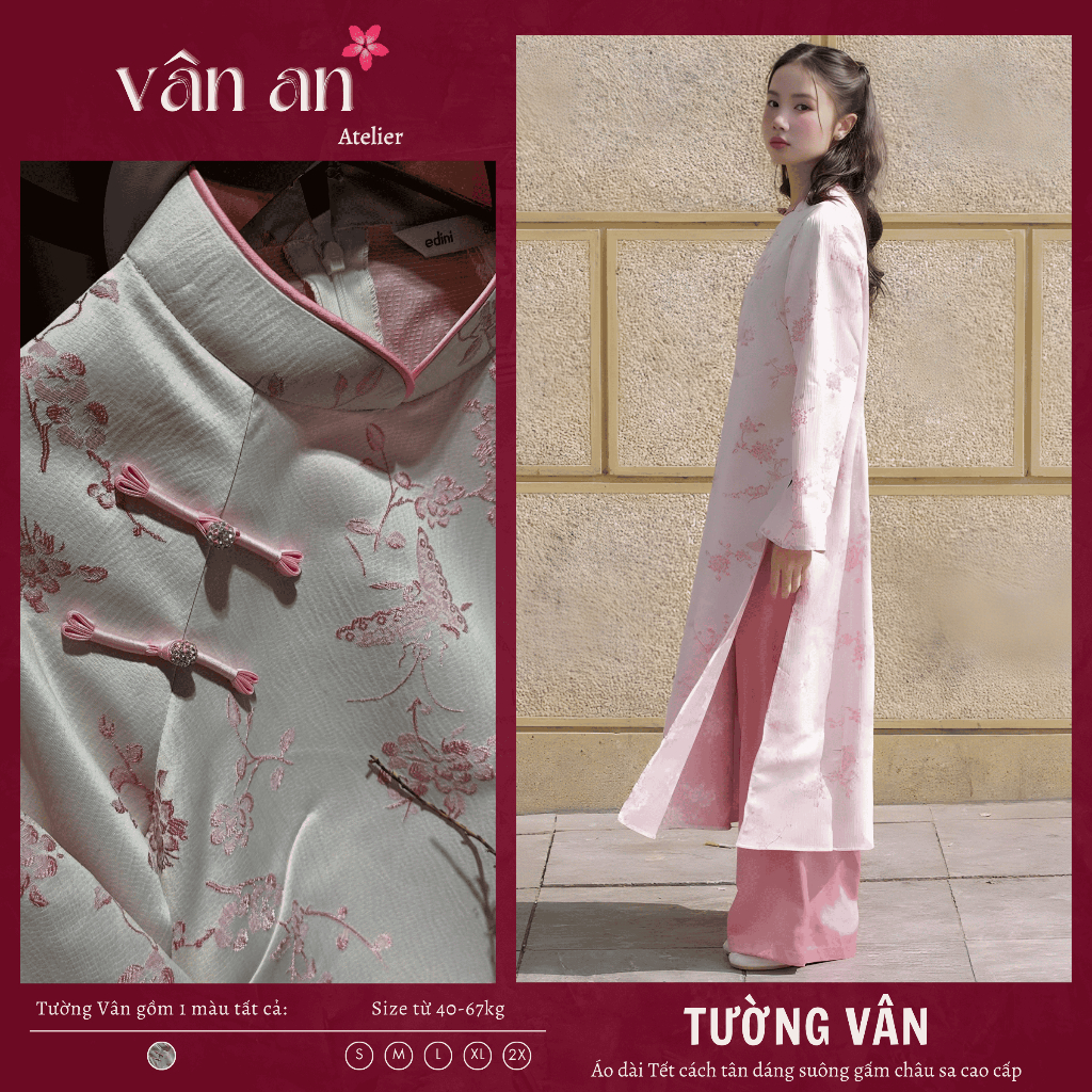 SA [VAN AN - READY STOCK] TUONG VAN Ao Dai - นวัตกรรมทรงตรง - วัสดุโบรเคดมุกปักดอกไม้นูน - ใส่ Tet, 