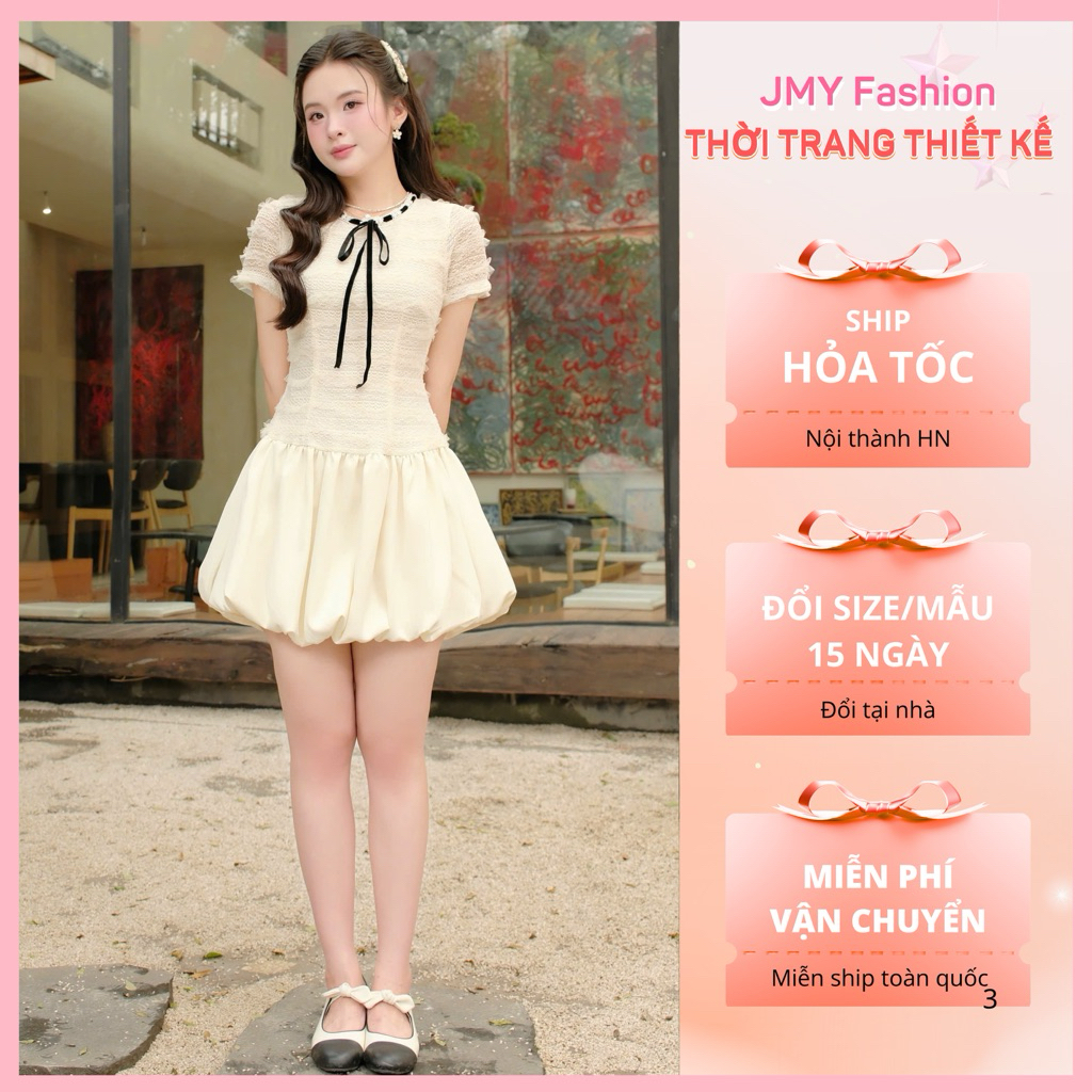 (FIRE) V872 เดรสบานฟักทองลูกไม้ครีมคอปกโบว์ผู้หญิง [TH HA LE]