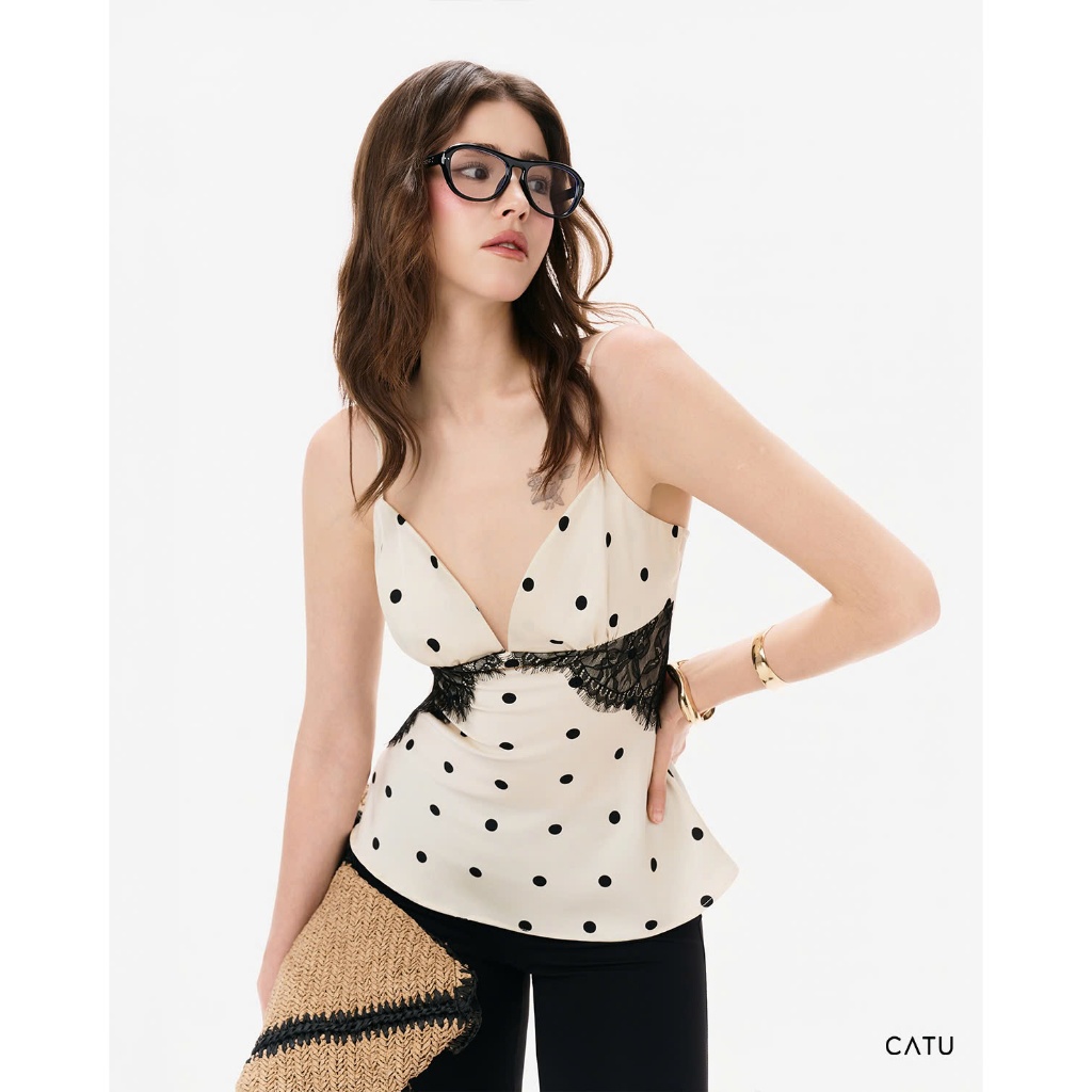 TUBYCATU Dot Crush เสื้อลูกไม้ 2 ชิ้น เสื้อคอวีเซ็กซี่หรูหรา