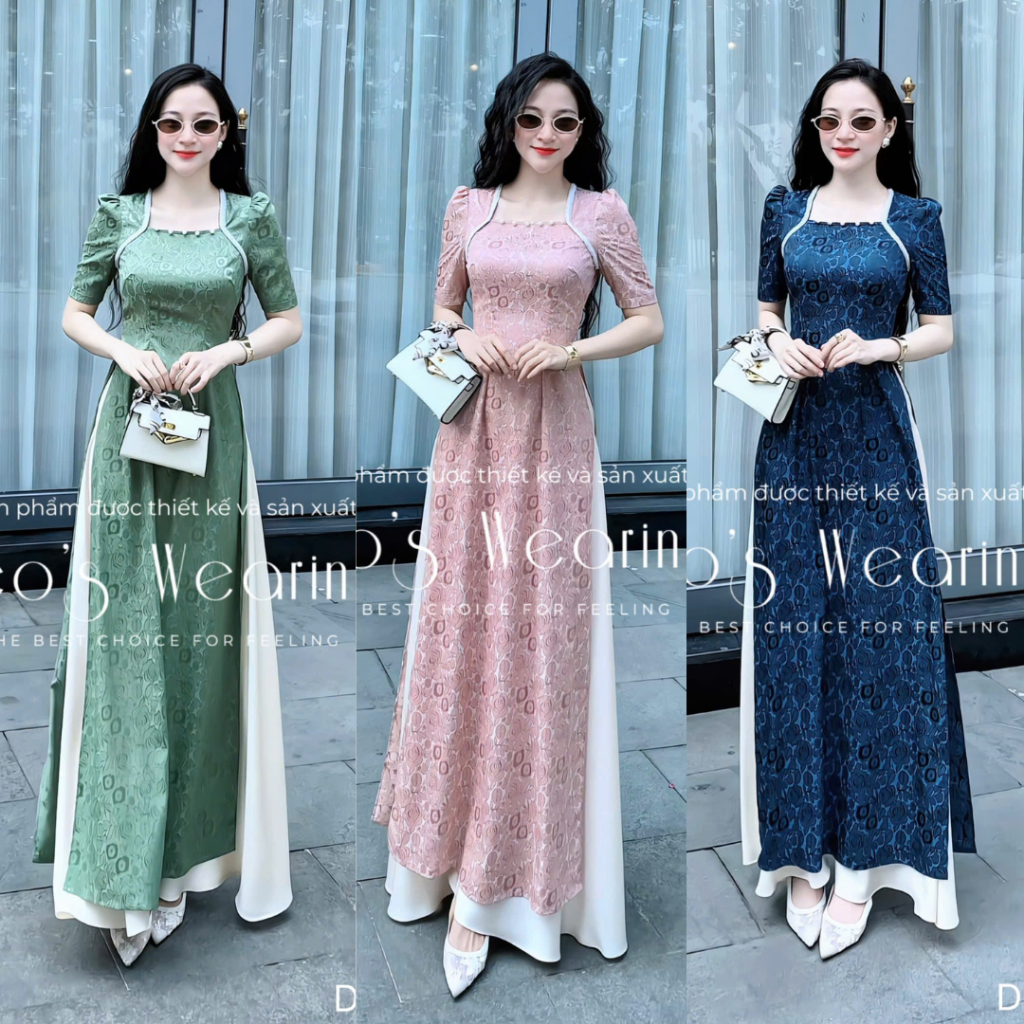 LEOSWEARING ผ้าไหมโบรเคด 2 ผิว ao dai Set คอเหลี่ยมประดับมุก แขนสั้น และกางเกงกระโปรงผ้าไหมสีครีม (D