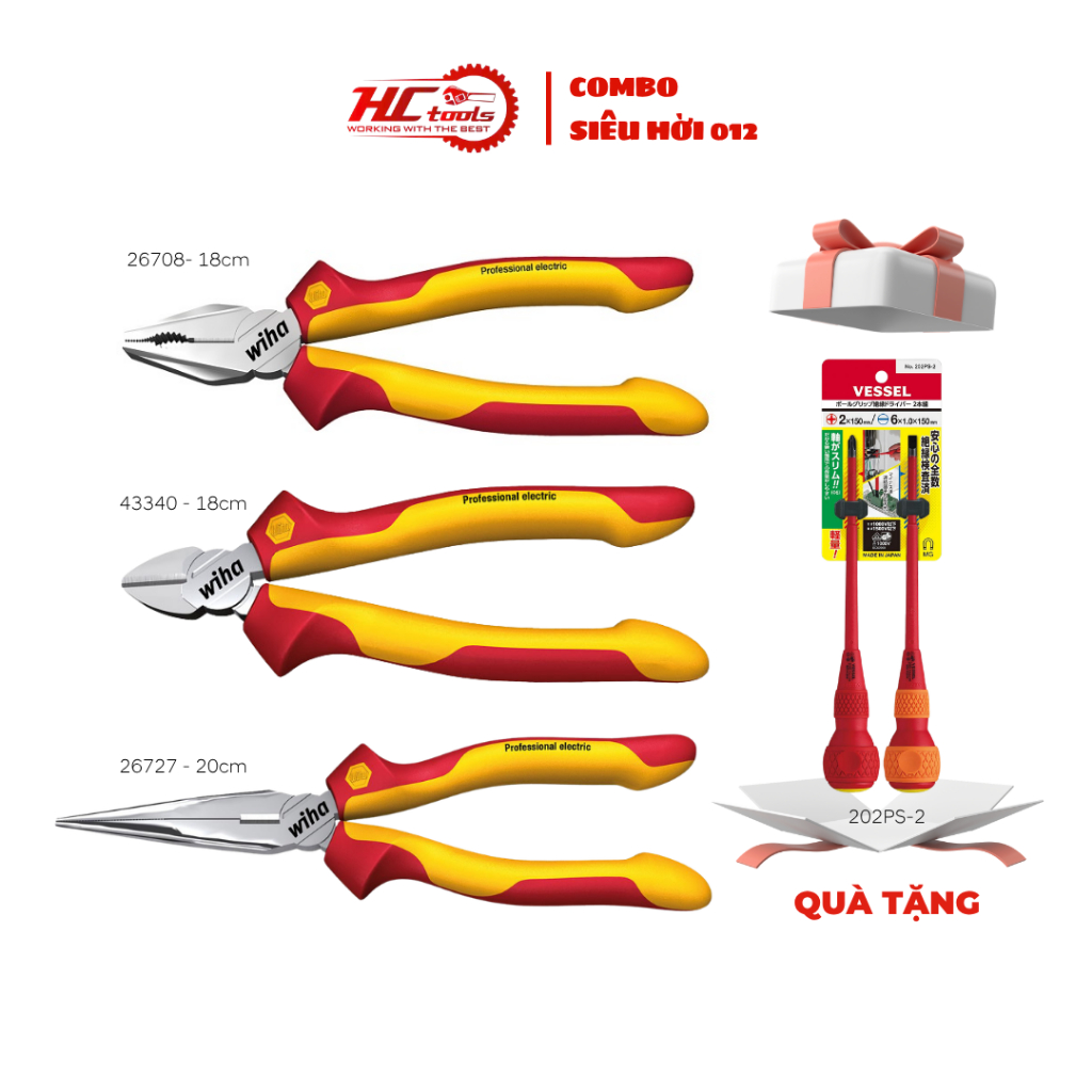 Combo 3 Wiha 1000V คีมฉนวนเยอรมนี 26708, 43340, 27727 ฟรีชุด 2 เรือญี่ปุ่น 202PS-2 ไขควง