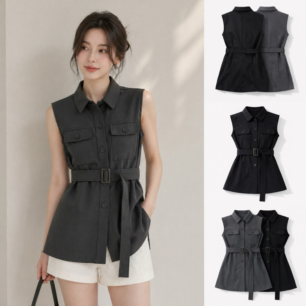 THE HIFU - เสื้อเชิ้ตทรงตรงคอปก Gilet ดีไซน์กระเป๋าเข็มขัดเรียบหรู 2 สี