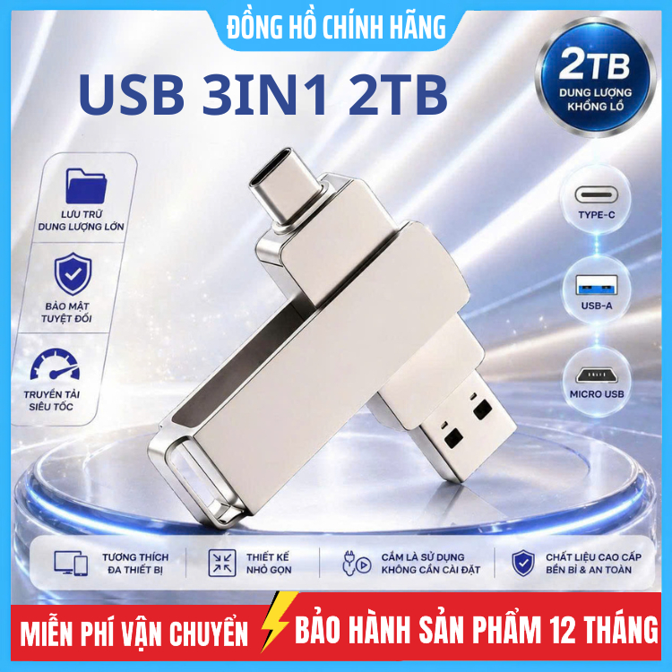 แฟลชไดรฟ์ USB 3.0 2TB 3 in 1 OTG USB Type C/แฟลชไดรฟ์ไมโคร 1TB 512GB 256GB Pendrive โทรศัพท์