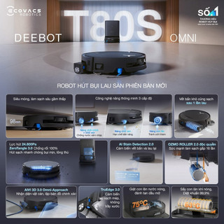 Robot hút bụi lau nhà Ecovacs Deebot T80S Omni - Đen - Lực hút 18.000Pa - AI Instant Re-Mop 2.0 - BH 2 năm