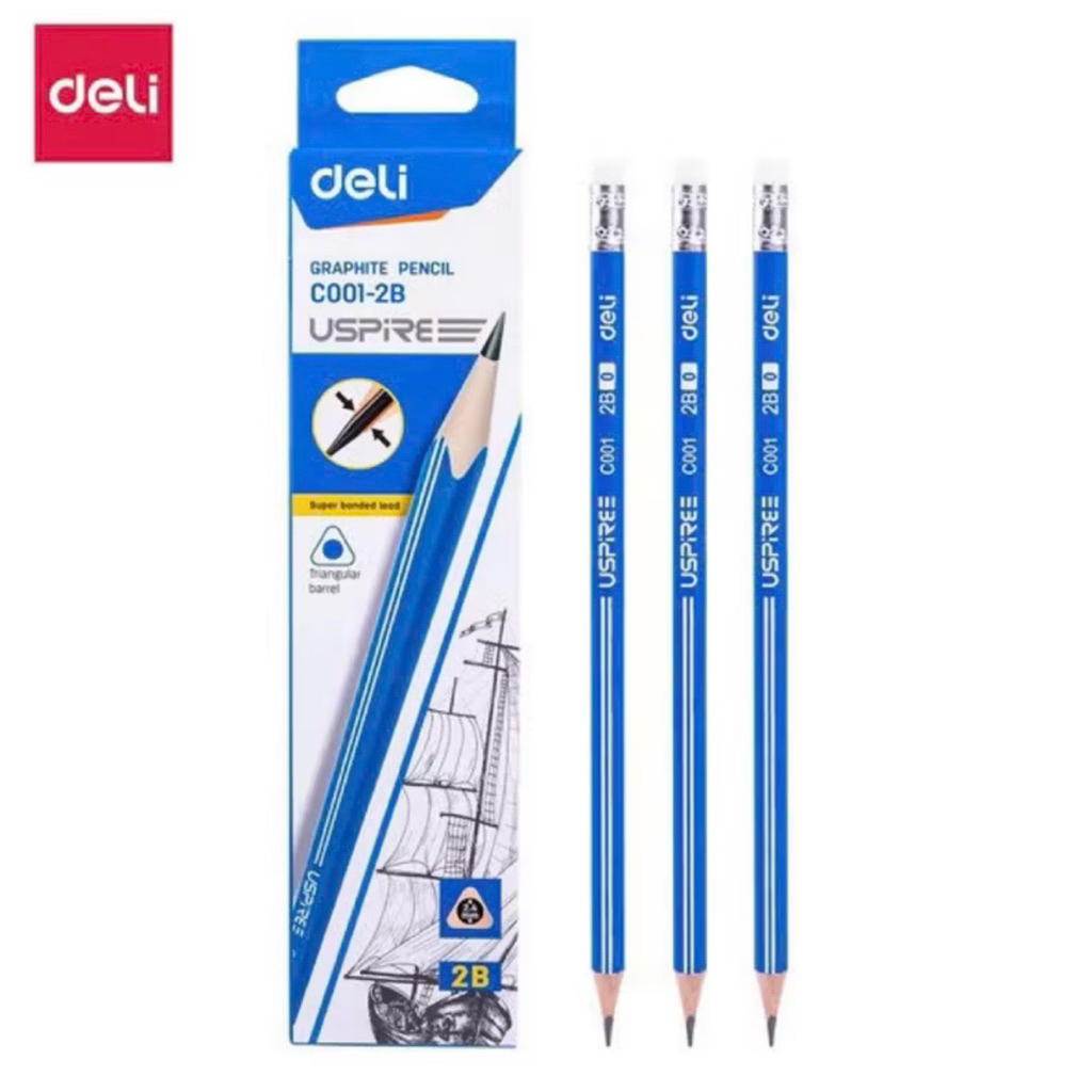 Box 12 Deli EC001-2B 2B Pencils - พร้อมยางลบ ตัวสามเหลี่ยม (C001)