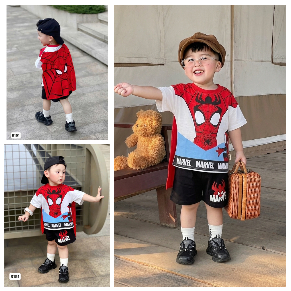 ชุดแขนกุด Superman boy ชุดต้นขาเด็กชาย Superman พร้อมเสื้อคลุมผ้าฝ้ายแบบถอดได้