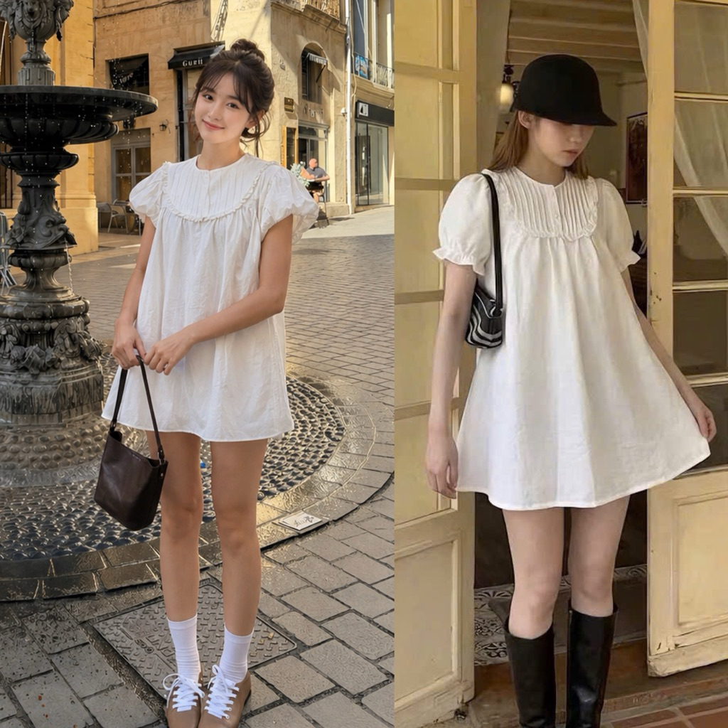ชุดเดรส babydoll สวยมากคอปกจับจีบและกระดุม เทรนด์มาแรง เสื้อเชิ้ต babydoll พร้อม LOVITY STN28 กางเกง