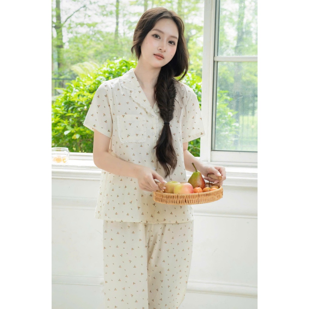 [BAE MALI] Pajama Design Long Home Wear Set SP818 ลายดอกไม้ครีมทําจากผ้าฝ้ายเนื้อนุ่ม